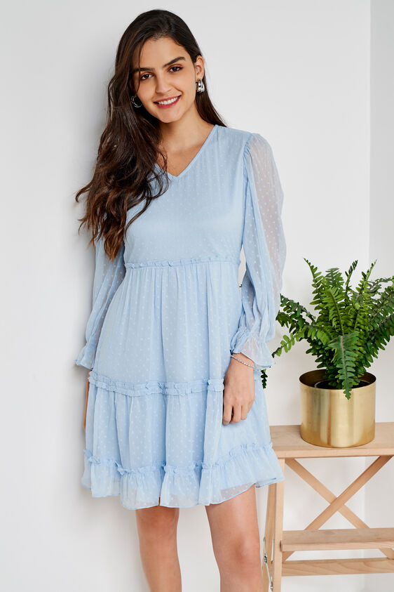 Blue Solid Flared Dress, Blue, image 2